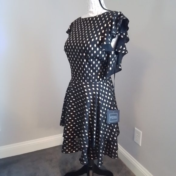 NWT IEENA for Mac Duggal Black & Gold Dot Tiered Ruffle Dress - 12 - Picture 10 of 16